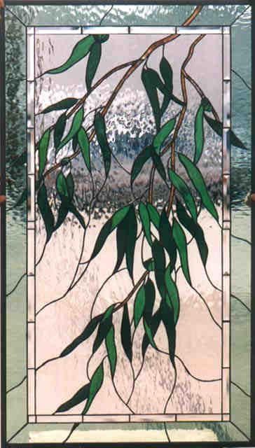 Weeping Eucalyptus by Nancy Braecini Stained Glass Willow Tree, Lead Light Designs, Weeping Eucalyptus, Stained Glass Leaves, Lead Light, Stained Glass Studio, Stained Glass Door, Glass Painting Designs, Glass Window Art