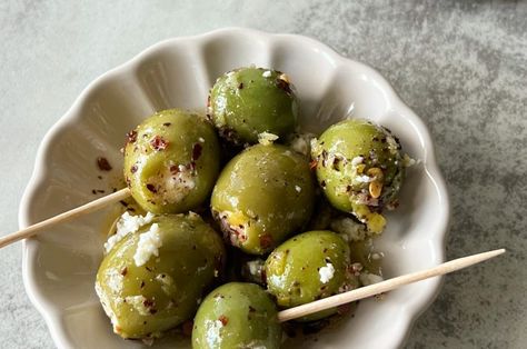 Spicy Feta Stuffed Olives Olive Recipe, Spicy Feta, Kathleen Ashmore, Olive Snack, Snack To Make, Balsamic Mushrooms, Stuffed Olives, Aphrodisiac Foods, Olive Recipes