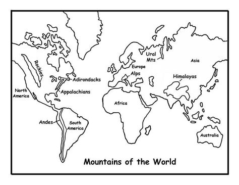 Mountains of the World map World Map Coloring Page, Free Printable World Map, Blank World Map, World Map Outline, Earth Coloring Pages, Color World Map, World Map Printable, Ocean Coloring Pages, Continents And Oceans