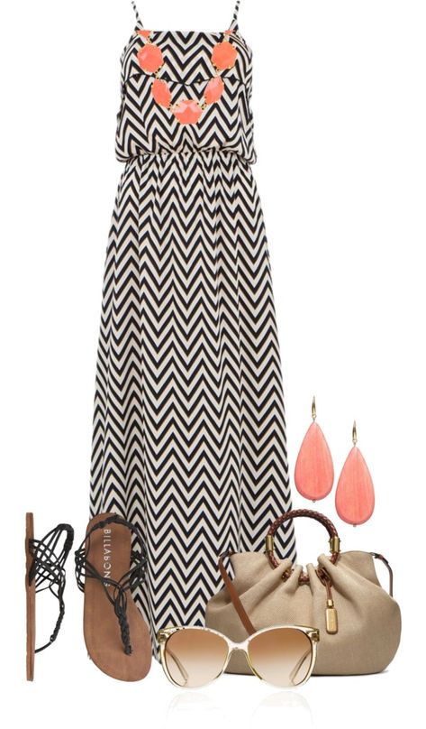 "Maxi Dress" by colierollers on Polyvore, just add a mint cardi, and I would totally wear this. Patio Outfit, Hawaii Trip Outfits, Coral Accents, Forth Of July, Night Summer, Hawaii Trip, Trip Outfits, Skirt Summer, Chevron Dress