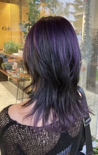 Dark Purple Hair Highlights Brunettes, Dark Purple Layered Hair, Purple Hair Ideas Highlights, Layered Purple Hair, Purple Hair Highlights Wolfcut, Layered Colored Hair, Hair Inspo Color Purple, Dark Purple Hair Streaks, Black And Purple Highlights Hair