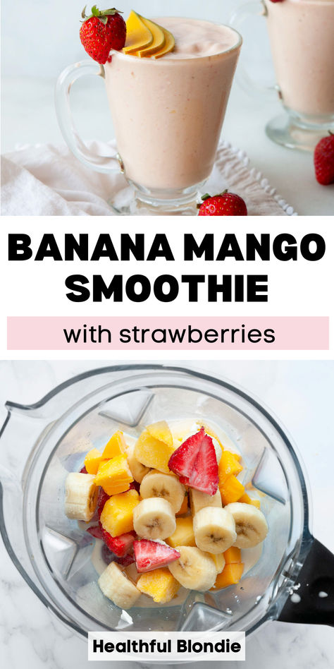 Made with simple 5 ingredients, this banana strawberry smoothie with mango is creamy, protein-packed, and super refreshing. This fruit smoothie recipe comes together in less than 5 minutes, is healthy, and can be made dairy-free! Mango Banana Strawberry Smoothie, Banana Mango Smoothie Recipe, Frozen Mango Smoothie Recipes, Booster Juice Recipes Copycat, Smoothies With Mango, Healthy Mango Smoothie Recipes, Smoothies With Bananas, Strawberry Mango Smoothie Recipe, Healthy Mango Smoothie