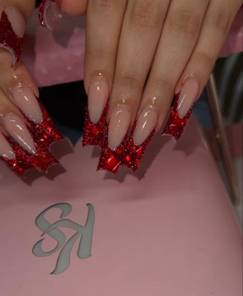 Red Righnstone Nails, Red Nails Acrylic Birthday Set, Red Diamond Nail Designs, Red Diamond Acrylic Nails, Red Long French Tip Nails, Red Diamond Nails Rhinestones, Red French Tip Nails Almond With Rhinestones, Prom Nail Inspo Red, Red Frenchies Acrylic Nails