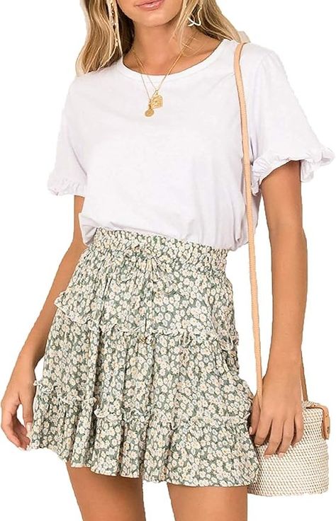 Jhsnjnr Women's Summer Cute High Waist Ruffle Skirt Floral Print Swing Beach Mini Skirt Blue : Amazon.ca: Clothing, Shoes & Accessories Flower Print Skirt, Womens Pleated Skirt, Tiered Mini Skirt, Dot Skirt, Boho Casual, Cute Skirts, Green Skirt, Printed Skirts, Floral Skirt