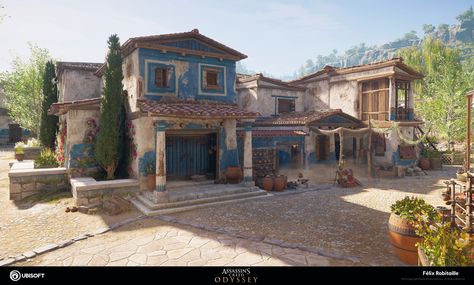 ArtStation - Assassin's Creed Odyssey - Houses, Félix Robitaille Elf Architecture, Greek Kingdom, Greece House, Assassin's Creed Odyssey, Roman Villa, Greek Architecture, Mediterranean Architecture, Assassins Creed Odyssey, Greek House