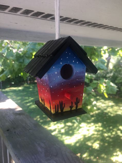 Birdhouse Painting Ideas, Birdhouses Diy, Birdhouse Painting, Mini Birdhouse, Southwest Sunset, Birdhouse Projects, Hand Painted Birdhouses, Diy Stained Glass Window, Homemade Bird Houses