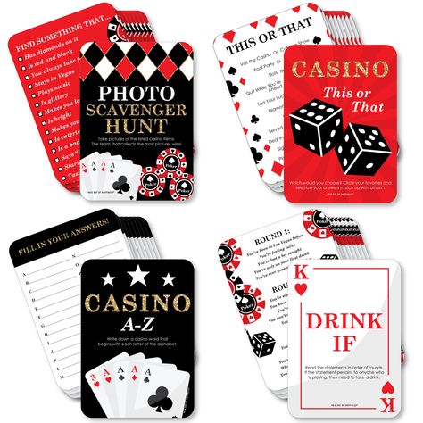 PRICES MAY VARY. Las Vegas Gamerific Bundle INCLUDES 4 casino games with 10 game cards per each game. CASINO GAMES: Guests will have fun playing 4 different casino games: This or That, A-Z, Photo Scavenger Hunt and Drink If. HOW TO PLAY: Each game card is printed with easy-to-follow game instructions. For added fun, make each game extra competitive by adding a time limit and offering a prize to the winning party guest. HIGH-QUALITY: Las Vegas Casino Games are professionally printed and double-si Vegas Decorations, Casino Birthday Party, 007 Casino Royale, Vegas Theme Party, Casino Party Games, Casino Birthday, Las Vegas Party, Photo Scavenger Hunt, Drink If