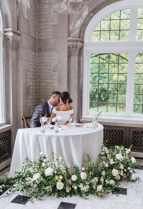 Couple's Table Wedding, Classic Head Table Wedding, Wedding Centerpieces For Sweetheart Table, White Sweet Heart Table Wedding, Modern White Sweetheart Table, Ground Florals Sweetheart Table, Bridal Table Wedding Decor, Wedding Table Decorations For Mr And Mrs, Tuscan Sweetheart Table