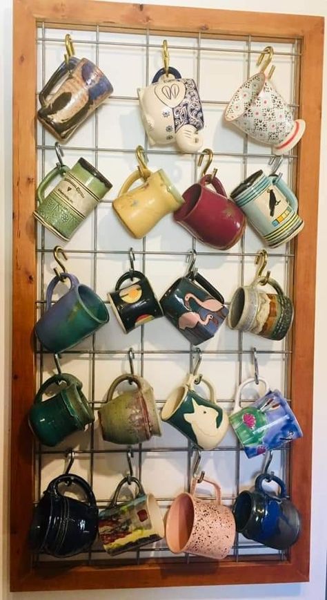 Mugs On Hooks, Mug Collection Display Aesthetic, Coffee Cup Hangers, Vintage Mug Display, Wall Mug Display, Kitchen Coffee Mug Display, Wall Of Mugs, Hanging Mugs On Wall, Ways To Display Mugs