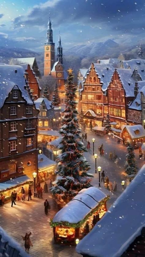 Bloxburg Winter Town, Christmas Village Background, Christmas Village Wallpaper, Christmas City Lights, Christmas Vacation Ideas, Kawaii Landscape, Christmas Vacation Destinations, Winter Town, Snow Love