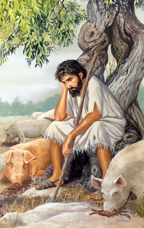 The prodigal son seated under a tree watching swine eat carob pods Bible Creation Story, Bible Paintings, Biblical Characters, Christian Symbolism, Bible Pics, The Prodigal Son, Parables Of Jesus, Bible Topics, Loving Kindness