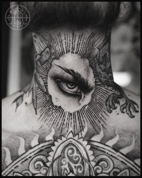 Angel Neck Tattoo For Men, Lucifer Eyes Tattoo, Full Neck Tattoos For Men, Eye Neck Tattoo, Neck Tats, Full Neck Tattoos, Fallen Angel Tattoo, All Seeing Eye Tattoo, The Fallen Angel