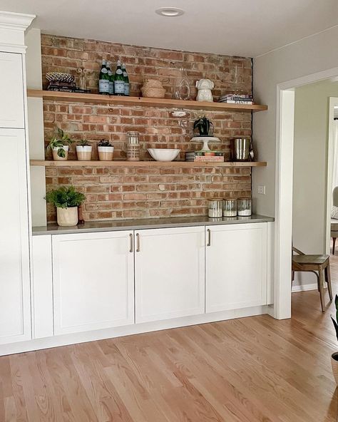 Brick Wall Pantry, Brick Backsplash Open Shelving, Kitchens With Exposed Brick, Floating Shelves On Brick Wall Kitchen, Brick Wall With Shelves, Brick Accent Wall In Kitchen, Brick Backsplash Bar, Shelving On Brick Wall, Brick Accents In Home