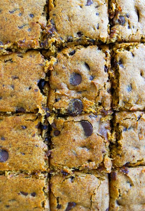 Gluten-Free Pumpkin Chocolate Chip Bars | Bake at 350° Gluten Free Pumpkin Oatmeal Bars, Gluten Free Pumpkin Chocolate Chip Bars, Gf Pumpkin Bars Gluten Free, Gluten Free Pumpkin Blondies, Gf Pumpkin Bars, Pumpkin Chocolate Chip Bars, Healthy Pumpkin Bars, Gluten Free Pumpkin Bars, Gluten Free Pumpkin Cookies