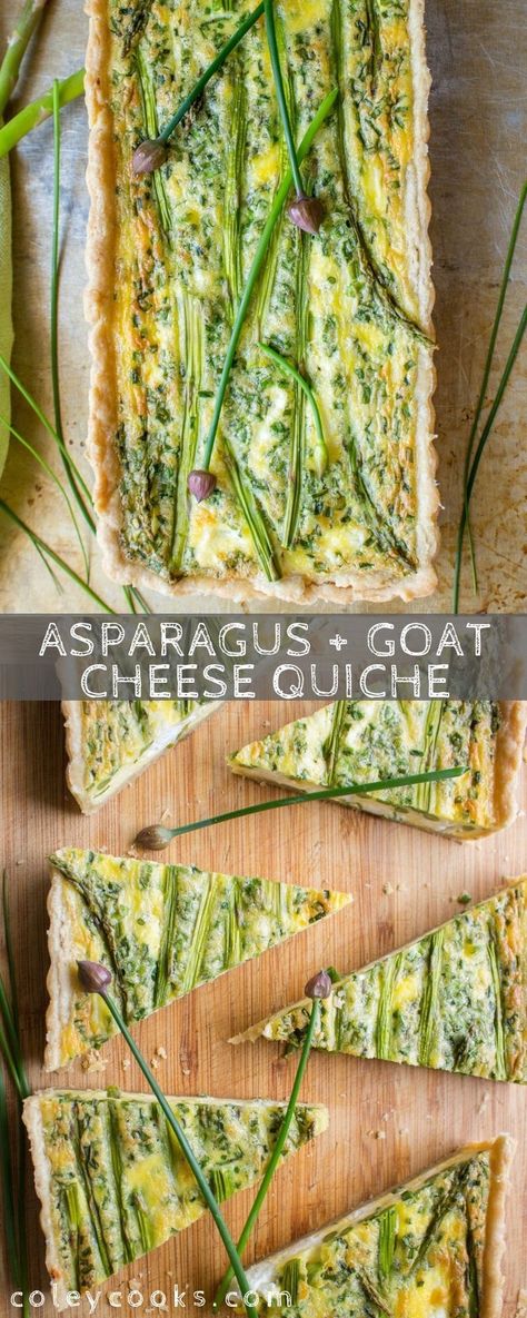 ASPARAGUS + GOAT CHEESE QUICHE | Easy quiche recipe perfect for spring! Easter brunch, mothers day, or just a Sunday at home! Flaky, buttery crust, creamy goat cheese, tender asparagus and perfectly set eggs. #eggs #easy #homemade #quiche #asparagus #goat #crust #cheese #chives #spring #easter #brunch | ColeyCooks.com Asparagus Goat Cheese Quiche, Unique Quiche Recipes, Spring Quiche Recipes, Ostara Food Recipes, Pretty Quiche, Quiche Asparagus, Spring Food Ideas, Spring Quiche, Asparagus Goat Cheese