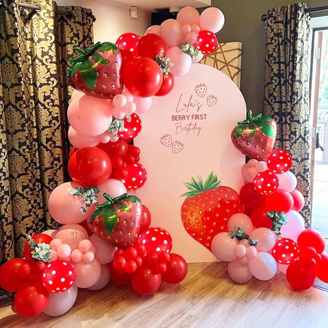 PRICES MAY VARY. 【PERFECT AMOUNT OF BALLOONS FOR AN ARCH】This strawberry balloon arch garland kit comes with everything you need to make a really large balloon arch. it brings accessories like strings, strips and dots glue to install the balloon arch. 【PREMIUM QUALITY】The pastel red orange balloons arch are high quality, strong and don't transparent. They vary in size and color, and are as depicted in the photo. It is a really fun addition and a great photo background area. 【EASY TO ASSEMBLE】The Berry First Balloon Garland, Berry Balloon Arch, Strawberry Shortcake Balloon Arch, Berry First Birthday Balloon Garland, Girl Bday Party Themes, Strawberry Baby Shower Ideas, Strawberry Balloon Arch, Strawberry 1st Birthday Party Theme, Strawberry Shortcake 1st Birthday Party