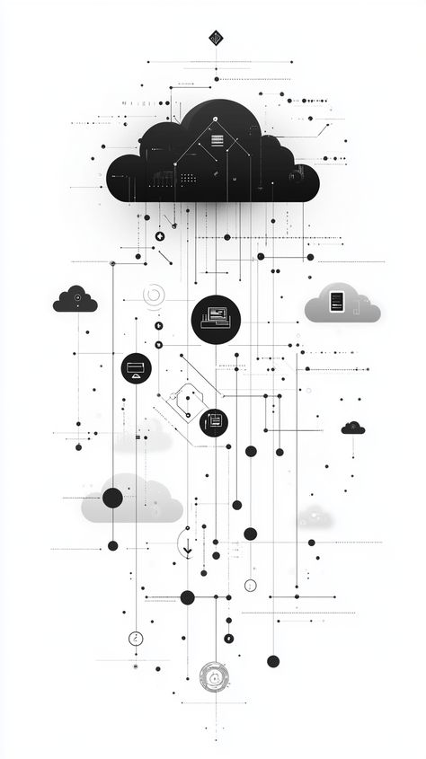 🌐💻 Dive into the world of #CloudComputing with our minimalist black-and-white illustration! 🖤🤍 Featuring sleek cloud shapes, interconnected nodes, and data streams, this design elegantly captures the complexity of big data while keeping it simple and modern. 📈⚡ The clean lines and geometric shapes emphasize the flow of information between clouds and data centers, making it a perfect visual for tech enthusiasts! Check it out and embrace the future of data! 🚀✨ #BigData #Minimalism #TechArt... Minimalist Data Visualization, Roadmap Infographic, Data Center Design, Big Data Visualization, Data Flow, Storm King, Cloud Data, Tech Art, Cloud Shapes