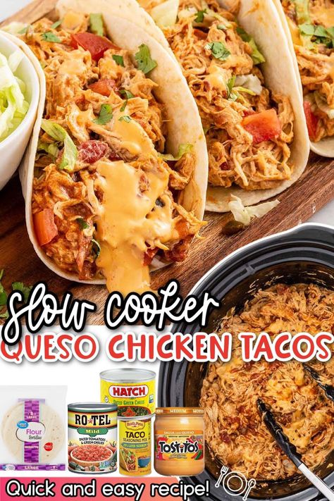 Slow Cooker Queso Chicken, Queso Chicken Tacos, Slow Cooker Queso, Queso Chicken, Weekend Recipe, Chicken Tacos Recipe, Chicken Taco Recipes, Feed A Crowd, Crockpot Dishes