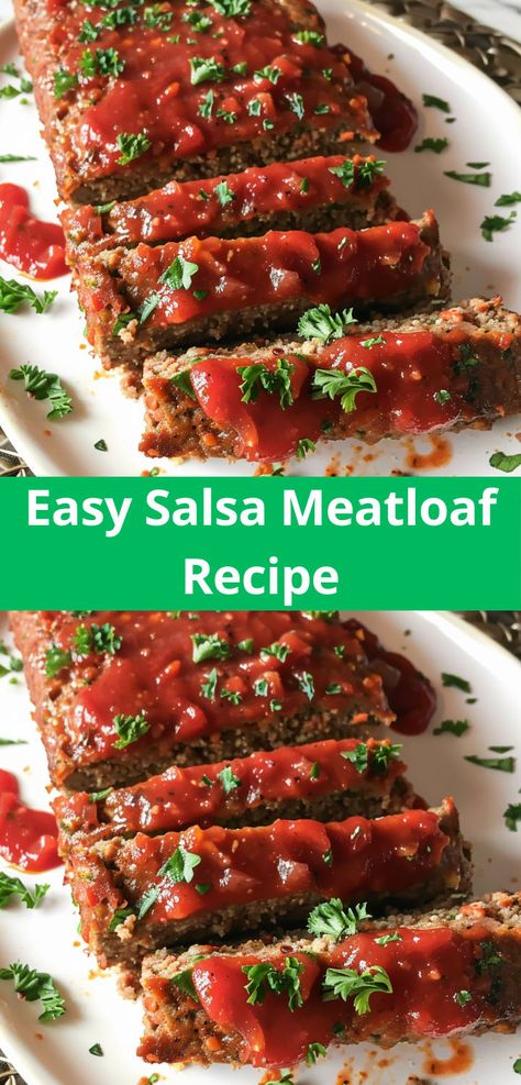 Quick and flavorful Salsa Meatloaf for a busy night. Recipe Using Salsa, Salsa Meatloaf, Gluten Free Salsa, Meatloaf Burgers, Meatloaf Recipes Healthy, How To Make Meatloaf, Easy Salsa, Best Meatloaf, Easy Meatloaf