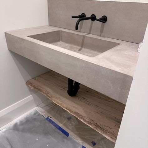 Powder Room Concrete Sink, Floating Countertop Powder Room, Floating Sink Powder Room, Floating Concrete Sink, Concrete Sink Bathroom, Floating Countertop, Basketweave Tile, Cement Sink, Concrete Vanity Top