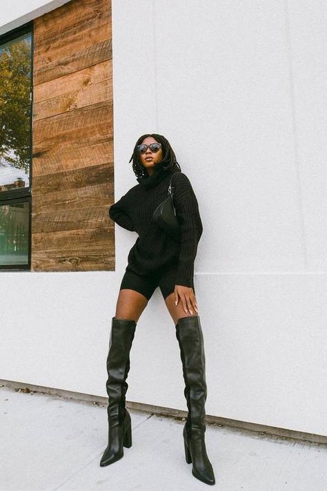 17 Thigh-High Boot Outfit Ideas We’re Re-Creating | Who What Wear Over The Knee Boots Outfits, High Boots Outfit Fall, Black Thigh High Boots Outfit, Thigh High Boots Outfits, How To Wear Thigh High Boots, Thigh Boots Outfit, Thigh High Boots Outfit, Over The Knee Boot Outfit, 2023 Aesthetic