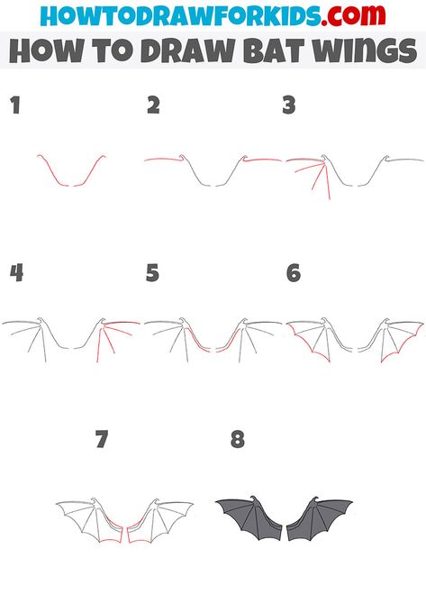 Bat Drawing Step By Step, How To Draw A Bat Step By Step, How To Draw Bat Wings, Batwing Drawing, How To Draw Wings Step By Step, How To Draw Bats, Draw Bat Wings, Bat Drawing Reference, Bat Line Drawing