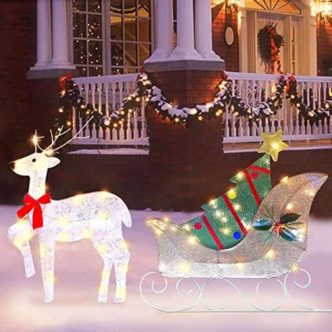 Outdoor Reindeer, Light Up Christmas Decorations, Outdoor Christmas Decorations Yard, Reindeer Sleigh, Reindeer And Sleigh, Christmas And Winter, Christmas Yard Decorations, Christmas Yard, Lights Christmas