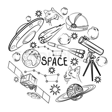 Stock vector of 'Set of space elements. Astronaut, Earth, Saturn, Moon, UFO, Rocket Comet Constellation Sputnik and stars' Earth And Space Drawing, Meteor Drawing, Constellation Drawing, Autumn Doodles, Mural Cafe, Stars Illustration, Space Pattern, Space Drawings, Mini Doodle