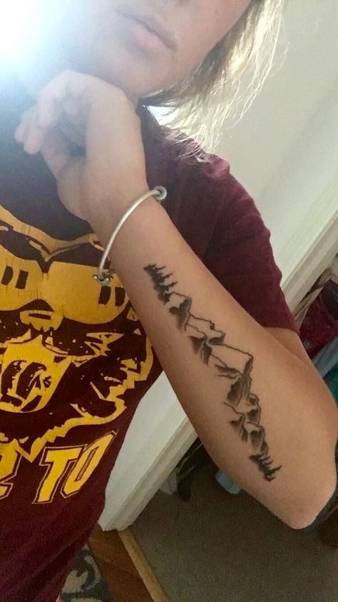 Forarm Tattoos Mountain, Exterior Forearm Tattoo, Mountain Filler Tattoo, Horizontal Forearm Tattoo Women, Husband And Wife Mountain Tattoos, Mountain Range Forearm Tattoo, Mountains Forearm Tattoo, Mountain Tattoo On Forearm, Long Mountain Tattoo