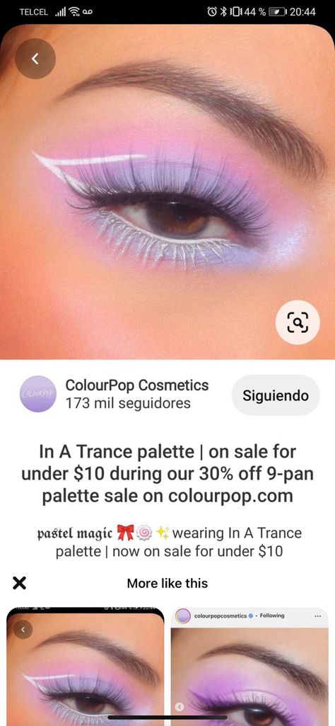 Pastel Pink And Purple Makeup, Light Pink And Purple Makeup Looks, Purple And White Eyeliner, Light Blue And Purple Eye Makeup, Colourpop In A Trance Looks, Light Blue And Purple Makeup, In A Trance Colourpop Looks, Lilac Fairy Makeup, Periwinkle Eye Makeup