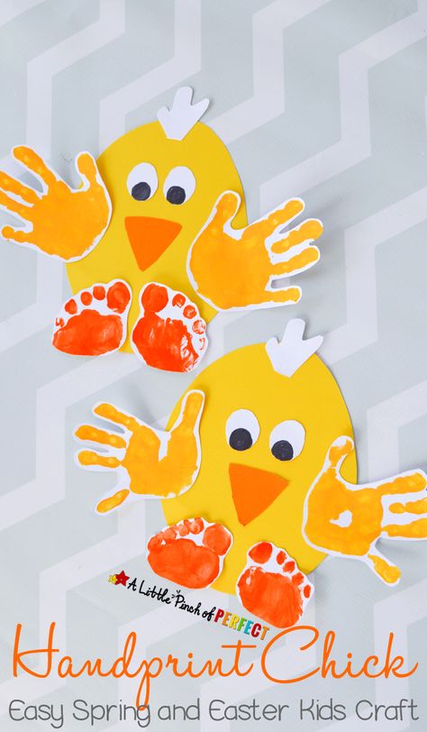 Handprint Chick: Easy Spring and Easter Craft for Kids-perfect to make for spring, Easter, or while enjoying farm themed activities. This activity was sponsored by Huggies® Påskeaktiviteter For Barn, Hand Print Art, Diy – Velikonoce, Easter Crafts For Toddlers, Easter Preschool, Spring Crafts For Kids, Handprint Crafts, Easter Projects, Daycare Crafts