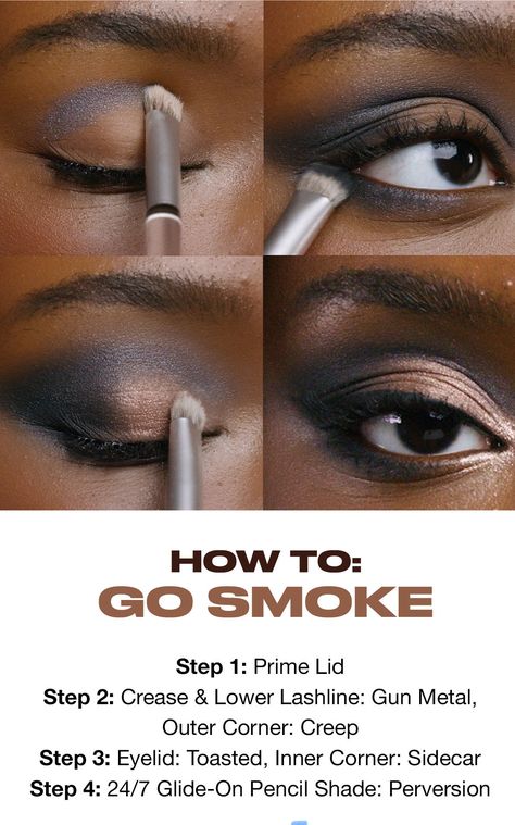 Eyeshadow Brushes Guide Cheat Sheets, Soft Eyeshadow Tutorial, Black And Gold Makeup Looks Smokey Eye, Smokey Eye Hooded Eyes Tutorials, Eyeshadow How To, Smokey Eye Makeup For Brown Eyes, Eye Shadow Hooded Eyes, Black Smokey Eye Makeup Look, Date Night Makeup Brown Eyes