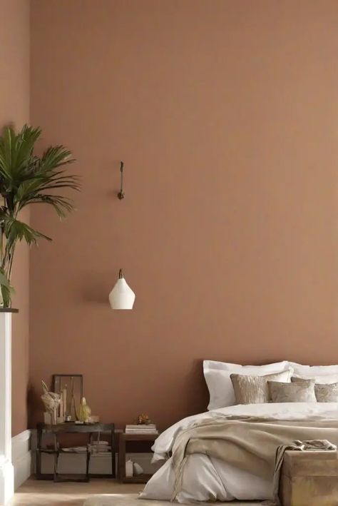 Bedroom With Feature Wall Colour, One Wall Colour Bedroom, Clay Paint Living Room, Bedroom Clay Color, Salmon Bedroom Walls, Ochre Bedroom Walls, Clay Coloured Bedroom, Neutral Bedroom Paint Colors 2024, Colour Scheme Bloxburg