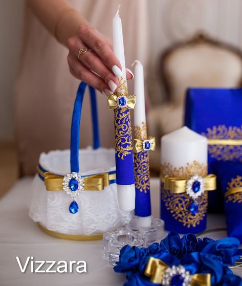 Royal Blue And Gold Wedding, Decorated Candles, Blue And Gold Wedding, Gold Weddings, Cake Serving Set, Cake Servers, Wedding Unity Candles, Personalised Guest Book, Unity Candle Sets