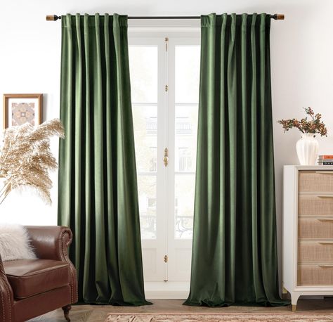 PRICES MAY VARY. PACKAGE INCLUDES: 2 panels 52" x 84" long luxury velvet curtain.3 in 1 hanging options to choose: back tab, rod pocket, with clips (Clips are not included). Rod pocket top (easily slides through a 1.9 inch diameter rod) allows for a classic touch. Hanging with back tabs or clips could add an elegant look to your room. MULTIPLE FUNCTIONS: The luxury blackout velvet curtains, made from densely woven velvet fabric, can block out 80% of sunlight. These soft pile plush velvet fabric Curtains Green, Insulated Drapes, Drapes For Living Room, Elegant Curtains, Soft Luxury, Insulated Curtains, Drape Panel, Green Room, Darkening Curtains