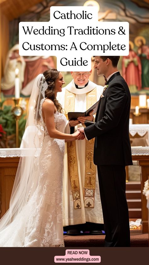 A couple exchanging vows during a traditional Catholic wedding ceremony, surrounded by family and friends, with a priest officiating the Mass. The image captures the sacred rituals and symbols that are integral to Catholic wedding traditions. Small Catholic Wedding, Catholic Wedding Ideas, Catholic Wedding Readings, Catholic Wedding Aesthetic, Catholic Wedding Songs, Catholic Wedding Photography, Processional Order, Traditional Catholic Wedding, Marriage Blessing