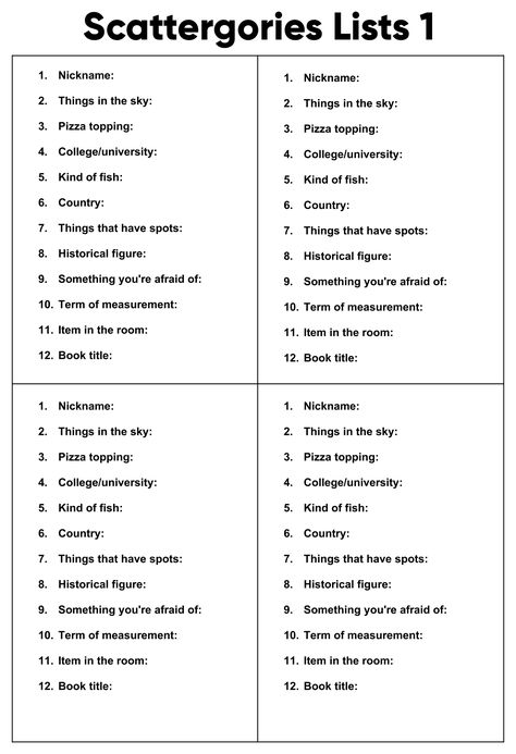 Printable Scattergories Lists 1 Bible Scattergories List, Scattergories Lists Printable Free, Scategories Lists, Scattergories Lists, Printable Word Games, Comprehension Games, 25th Bday, Nursing Home Activities, Keeping Busy