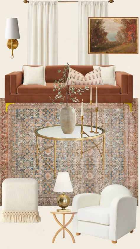 Living Room Inspiration Gold Accents, Boho Living Room Gold Accents, Rust Accent Living Room, Rust And Yellow Living Room, Antique Chic Living Room, Brown Velvet Chairs Living Room, Rust Accent Chair Living Room, Rust And White Living Room, Rust Velvet Sofa Living Rooms