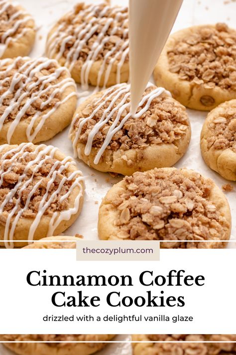 Cinnamon coffee cake cookies on parchment paper, with a piping bag drizzling vanilla glaze on top Fall Desserts Cinnamon, Crumb Cake Cookies, Brown Sugar Maple Cookies, Cinnamon Brown Sugar Cookies, Crumble Cookie Flavors, Brown Sugar Recipes Dessert, Coffee Cake Cookies Recipe, Bakery Style Cookies Recipes, Breakfast Bakery Items