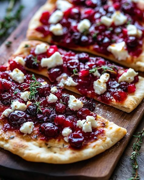 Roasted Cranberry and Goat Cheese Flatbread Christmas Snacks Savory, Flatbread Appetizers, Goat Cheese Flatbread, Cranberry Goat Cheese, Lobster Cream Sauce, Goats Cheese Flatbread, Cheese Flatbread, Leftover Cranberry Sauce, Cranberry Cheese