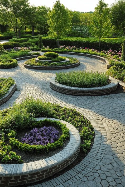 Add a modern touch to your garden with geometric layouts! 🌿🔷 Use geometric patterns and shapes to create a contemporary and visually striking garden design. Learn how to incorporate these elements for a garden that's both functional and stylish. #GeometricGardens #ContemporaryDesign #GardenTrends Arc And Tangent Landscape Design, 1800 Mansion, Round Garden Design, Mansion Landscape, Circular Garden Design, Mazar Sharif, Aromatic Garden, Sustainable Garden Design, Geometric Garden