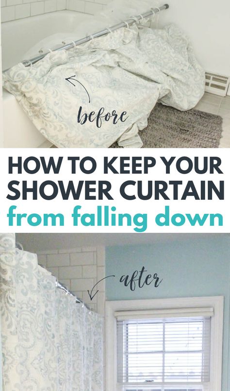 Shower Curtain Hangers Ideas, Shower Curtains For 9 Ft Ceilings, Small Shower Stalls With Curtains, Shower Curtain Rod Placement, Shower Curtain Rod Ideas Hacks, Hanging Shower Curtain Ideas, Shower Rod Hacks, Diy Shower Rod, Diy Shower Curtain Rod