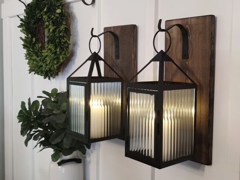 Fluted glass candle lantern, large decorative black lantern, lantern wall hanging, gifts for men, vintage style home decor, bedroom decor Rustic Cabin Wall Decor, Farmhouse Wall Lighting, Realistic Candles, Men Vintage Style, Vintage Style Home Decor, Farmhouse Lantern, Greenery Flowers, Vintage Style Home, Lantern Decor