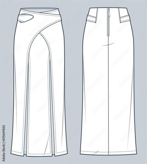 Fashion Illustration Denim, Clothing Templates, Denim Skirt Fashion, Flat Drawings, Drawing Template, Fashion Illustration Sketches Dresses, Fashion Sketchbook, Dress Design Sketches, Wrap Maxi Skirt