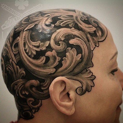 18 Baroque And Fancy Filigree Tattoos Mais Filigree Tattoos, Bald Head Tattoo, Baroque Tattoo, Urban Tattoos, Cap Tattoo, Scalp Tattoo, Donne Calve, Filigree Tattoo, Bald Cap