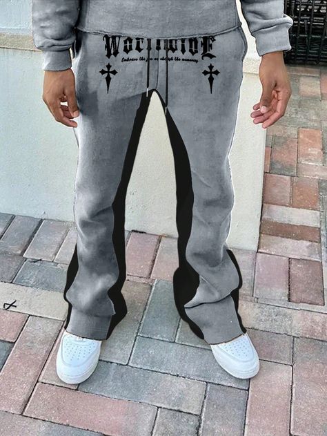 Multicolor  Collar  Fabric Letter Flare Leg Embellished Slight Stretch All Men Clothing Flared Joggers Men, Flared Sweatpants Men, Flare Pants Men, Flared Joggers, Streetwear Joggers, Hoodie Outfit Men, Men Sweatpants, Stylish Hoodies, Streetwear Grunge