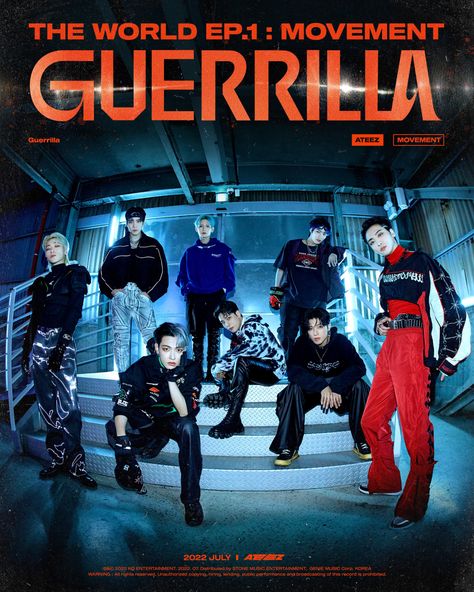 ATEEZ is ready to dominate in the title poster for 'The World Ep.1 : Movement' Ateez Album Poster, Ateez Guerrilla Outfit, Ateez The World Movement, Mingi Guerrilla, Taman Aesthetic, Noticeboard Ideas, Ateez Outfits, Ateez Freebies, Ateez Guerrilla