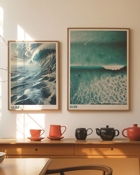 🌊✨ Transform your space with the serene beauty of the ocean! These stunning surf-inspired prints are perfect for adding a touch of adventure and tranquility to any room. Dive into a wave of style and bring the beach vibes home. 🏄‍♂️🌅 #surfart #homedecor #oceanvibes #wallart California Surf Style Home, Eclectic California Home, Surfer Living Room Ideas, Ocean Blue Home Decor, Ocean Gallery Wall, Masculine Coastal Living Room, Surfer Home Decor, Prints For Mens Room, Ocean Office Decor