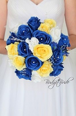 Yellow and royal blue theme wedding flower brides bouquet with pearls, jewels, hydrangea, roses, orchids, lambs ear, silver dollar eucalyptus artificial cheap silk wedding flowers Royal Blue Wedding Theme, Yellow Wedding Bouquet, Beauty And Beast Wedding, Yellow Wedding Theme, Round Bouquet, Yellow Wedding Flowers, Elegant Bouquet, Brides Bouquet, Royal Blue Wedding