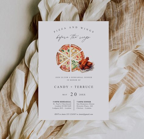 Wings Before The Rings, Rehearsal Dinner Pizza, Pizza Party Table Setting, Pizza Rehearsal Dinner, Pizza And Wings, Wings Party, Dinner Pizza, Pizza Party Invitations, Rehearsal Dinner Invitation